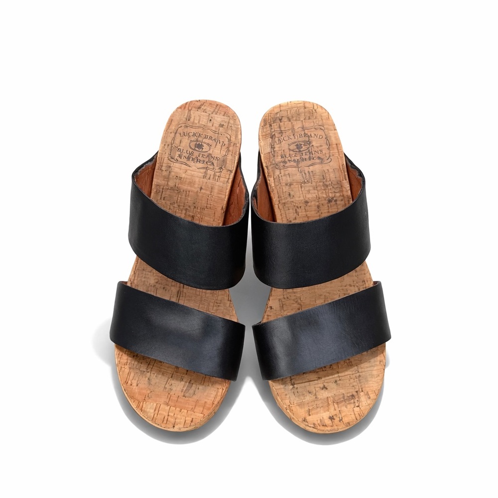 Lucky Brand Magnolia Cork Wedge Sandals Black Leather Slides Boho Comfort Size 8